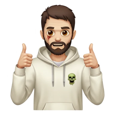 zombie with thumbs up gesture wearing plain white hoodie with no designs, dark brown hair and short full beard sticker