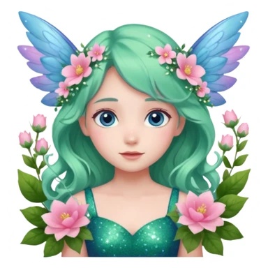 Una ragazza datata, occhi azzurri rosati dolci e aperti, vestito verde come la natura co  altri elementi e fiori rosa, deve avere le ali azzurrine,decorati con fiori e con glitter. O capelli di colore rosa chiaro con in acconciature tipica delle fate, capelli mossi e lunghi sticker