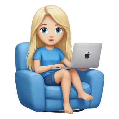 Cinematic realistic blonde with long hair, blue eyes, dressed in a T-shirt, sits in a soft, cozy armchair with a computer on her lap sticker