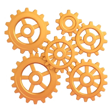 3D style icon of three metallic cogs, no computer, arranged in a square composition, techy and modern sticker