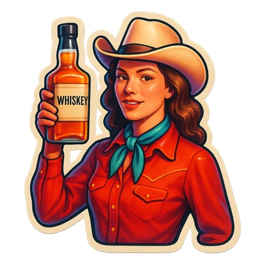 A sticker of a female cowboy with a bottle of whiskey sticker