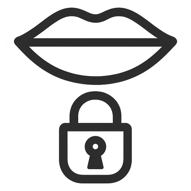 Minimal flat icon representing silence and restraint: a closed mouth combined with a lock or hourglass, symbolizing disciplined silence and internal focus. Monochrome, clean, premium style. sticker