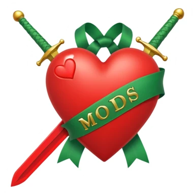 a red heart pierced by a green sword, with the text 'MODS' on a white ribbon sticker