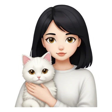 a light pink vibes cute girl with black medium hair and her white fluffy cat sticker