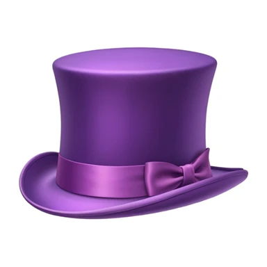 3D emoji of a vintage purple top hat, tall and smooth, with a shiny satin ribbon, wide brim, whimsical and elegant, inspired by Willy Wonka, Apple-style cartoon, soft shadows, white background. sticker