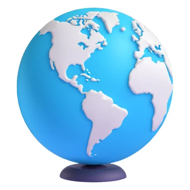 3D cyan globe icon with white land, modern style, soft lighting sticker