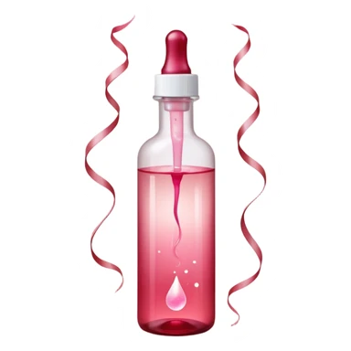 Translucent reddish-pink dropper bottle with white cap and minimal label, glowing softly. Floating in a faint red aura with swirling light ribbons and tiny peeling sparks lifting upward. by shimmer flakes, symbolizing cell renewal. Feels like a silky exfoliation elixir sealed in a potion vial  sticker