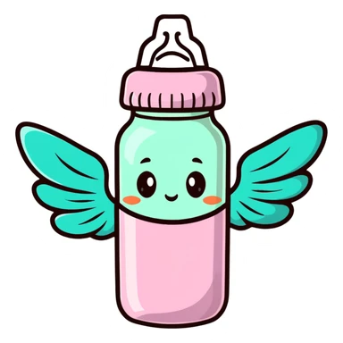flying baby bottle with milk, wings, cartoon style sticker