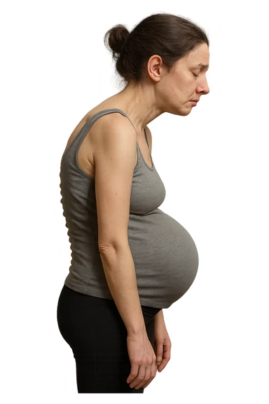 donna in gravidanza di profilo con spina dorsale in evidenza, postura storta, spalle chiuse in avanti, iperrealistica 4k sticker