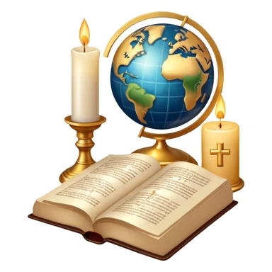 An icon featuring a holy book, a candle, and a cross, symbolizing religious studies. The design includes a globe with various religious symbols like a crescent moon and a star, representing the diversity of beliefs. Transparent background highlights the exploration of world religions sticker