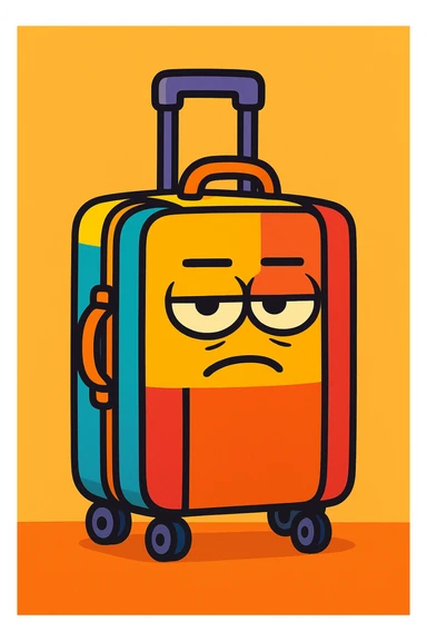 a colorful cartoon style travel suitcase with a bored, closed face expression conveying the idea of an annoying person sticker