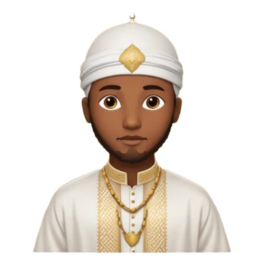 Muslim Black man of West African origin, deep brown skin, dressed in a white bazin riche with embroidery, kufi cap, standing in a warm sunset atmosphere, calm and spiritual look, photo realistic, cinematic lighting, 4K, high detail. sticker
