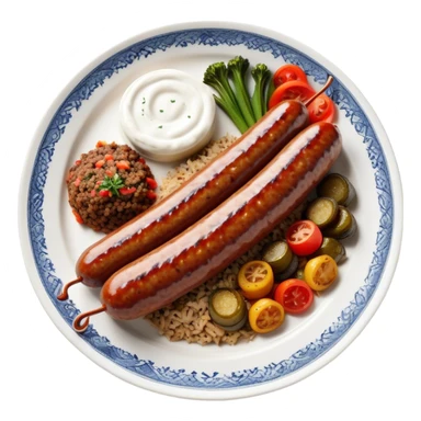 Cinematic Realistic image of a long, sausage-shaped Turkish Köfte, rendered with richly spiced meat textures and subtle grill marks, artfully arranged on a traditional Turkish ceramic plate alongside classic sides such as a serving of aromatic pilaf, crisp grilled vegetables, and a dollop of creamy yogurt, all bathed in warm, appetizing lighting that emphasizes its savory allure. sticker
