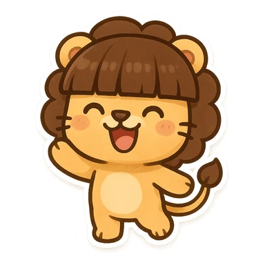 funny lion with exaggerated bowl cut bangs, cheerful mood, chibi stickers style sticker