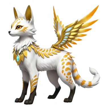 Epic complex fantasy glorious detailed futuristic divine godly angelic feathery sunny, white, albino, pastel, golden, orange glowing sparkly, realistic Fakémon-Sprigatito-Floragato-Meowscarada-Trico-Sergal-Serval-Solgaleo-Vernid-creature (full body) solarpunk, shiny sparkly with a gold laurel sticker
