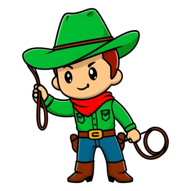 Cowboy wearing a green hat with a lasso sticker