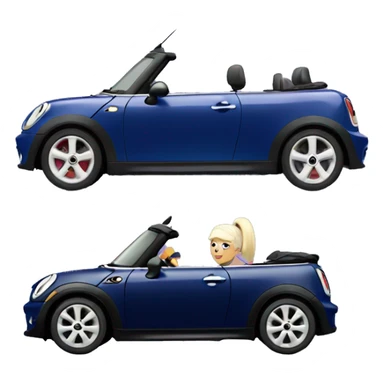 navy blue convertible Mini Cooper, with fair skinned short, lilac colored haired woman driving sticker