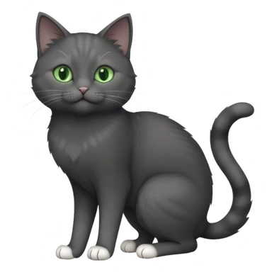 full body gorgeous solid dark grey cat with green eyes, white paws and white whiskers stretching like a cat sticker