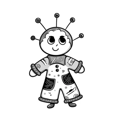 A hand-drawn colorful voodoo doll with stitches, multicolored fabric patches, big button eyes, and pins sticking out sticker