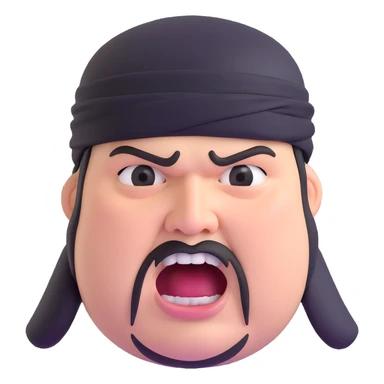 Super extreme tight close-up of just the face of morbidly obese white skin guy with young face, prominent BLACK DURAG tied clearly on head, black beard but no mustache, clean shaven upper lip, black eyes, mouth wide open screaming angrily sticker