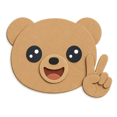 Create a head-only image of the cute bear with a peace sign hand gesture near the face. The bear's face (eyes, nose, mouth) must be exactly the same in color, shape, and features as the reference image. All other bear features and colors remain unchanged. Use the same paper craft visual effect. Clean lines, transparent background. sticker