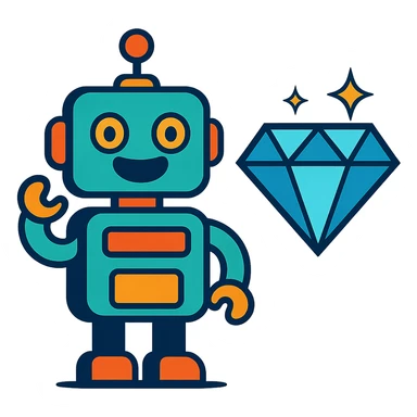smiling robot and a large blue diamond sticker