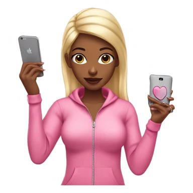 Standing girl emoji: pink tracksuit, hoop earrings, pink lips, lashes, nails. Poses: peace sign, nails, phone, arms crossed." sticker