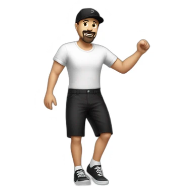 white man with black goatee, cap and short shorts, dancing sticker