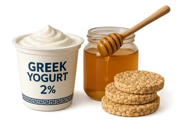 Yogurt Greco 2%
Miele
Gallette di Riso
vista frontale, iperrealistico 4k sticker