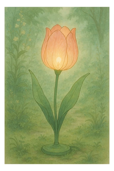 a lamp made out of a tulip flower, the bulb in the flower, natural colors, soft, fairy-like atmosphere,  sticker