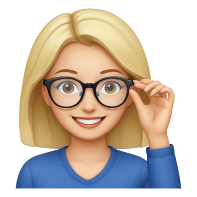 A woman putting on glasses sticker