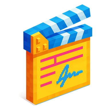 voxel style movie clapperboard with a director's signature, isometric view sticker