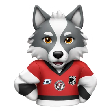 A wolf in a red black and white hockey uniform with a wolf emblem sticker