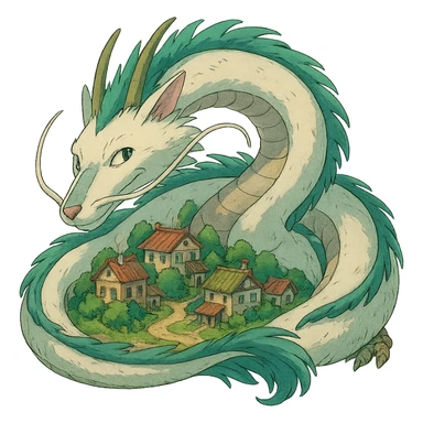 A friendly dragon curled up around a small village, reminiscent of the creatures from Spirited Away, in the style of Studio Ghibli. sticker