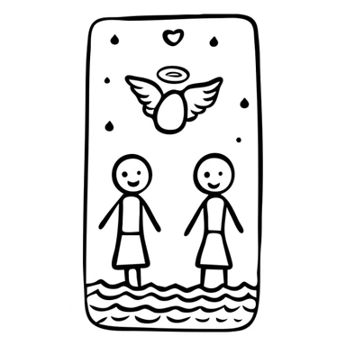 The Lovers tarot card with two figures and angel above sticker