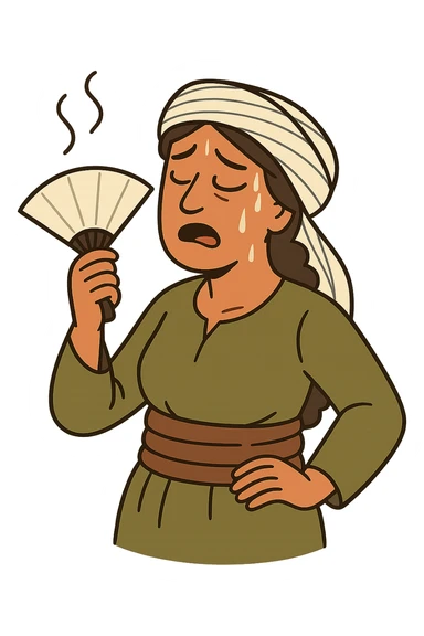 Kurdish sticker, cartoon style, Kurdish man or woman in jamadani, feeling hot, sweating, fanning face, no text sticker
