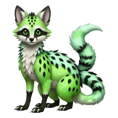 Feral Rare Fantasy   neon-green fur with obsidian-onyx-black points and snowy-white belly  Vernid-Sergal-Genet-Trico-species by LiLaiRa, random markings, tufted tail, tufted ears, full body sticker