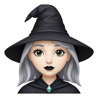pale girl with grey silver hair, black lipstick, black eyeshadow, black wizard hat  sticker