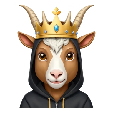 Goat with horns wearing black hoodie and a royal crown sticker