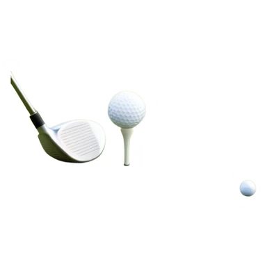 A golf ball on a tee with a golf club placed beside it, set against the backdrop of a well-manicured green golf course. The scene emphasizes the equipment and serene atmosphere of the sport, with soft lighting and a peaceful, open landscape sticker