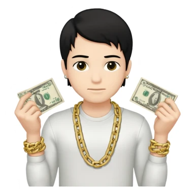 Has un chico con mucha plata en sus manos y en su alrededor, Con una chain que diga "JovenBallin" y que tenga pelo negro y sea piel blanca sticker