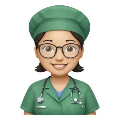 FILIPINA FEMALE NURSE, CHUBBY, NO HAIR, WITH GLASSES, GREEN SCRUBS, AND CAP, SMILING sticker