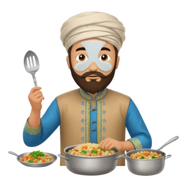 uzbek bearded man with national outfit cooking pilaf sticker