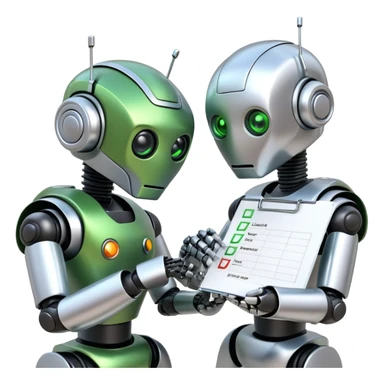 two robot heads, one is checking another robot's work with a checklist and a green checkbox sticker