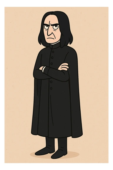 full body illustration of Severus Snape in cute, cartoon, simplified style with bold black lines and soft colors, long straight black hair, serious expression, wearing long black tunic sticker