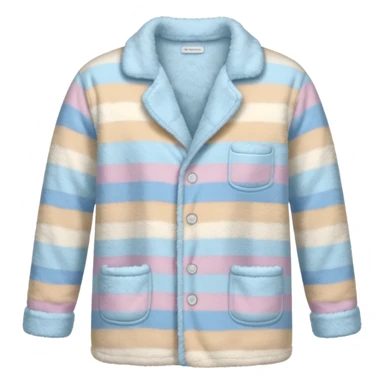 emoji of an isolated fluffy fleece pajama top with soft pastel stripes, plush fuzzy texture, light grey and pastel blue tones, button-down long sleeves, neatly folded flat-lay, no person, no body, no mannequin, cozy warm winter mood, soft shading sticker