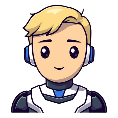 Male robot face with blond hair, sharp features, neutral expression, white collar, futuristic assistant sticker