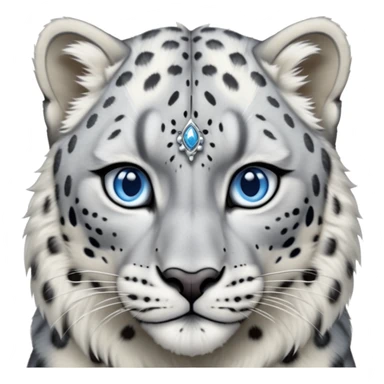 Cinematic-Noble-Snow-Leopard-Portrait-Emoji – Poised and majestic, with a muscular, agile build and a beautifully patterned coat of soft white and grey fur, marked with striking rosettes, deep-set, intelligent icy blue eyes, simplified yet sharp and sophisticated zoomed out showing the shoulders sticker