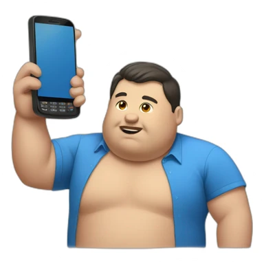 fat man in a blue shirt holding a phone sticker