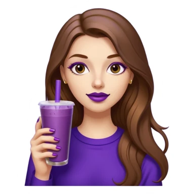 girl with long brown hair, wine lipstick, gold nails, drinking a blueberry butter pecan iced coffee with a purple straw  sticker